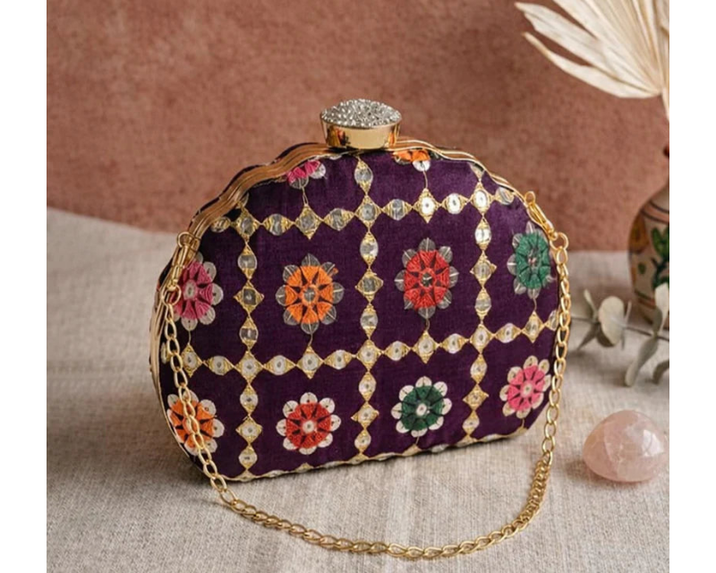 D shape Purple Ethnic Embroidered Clutch