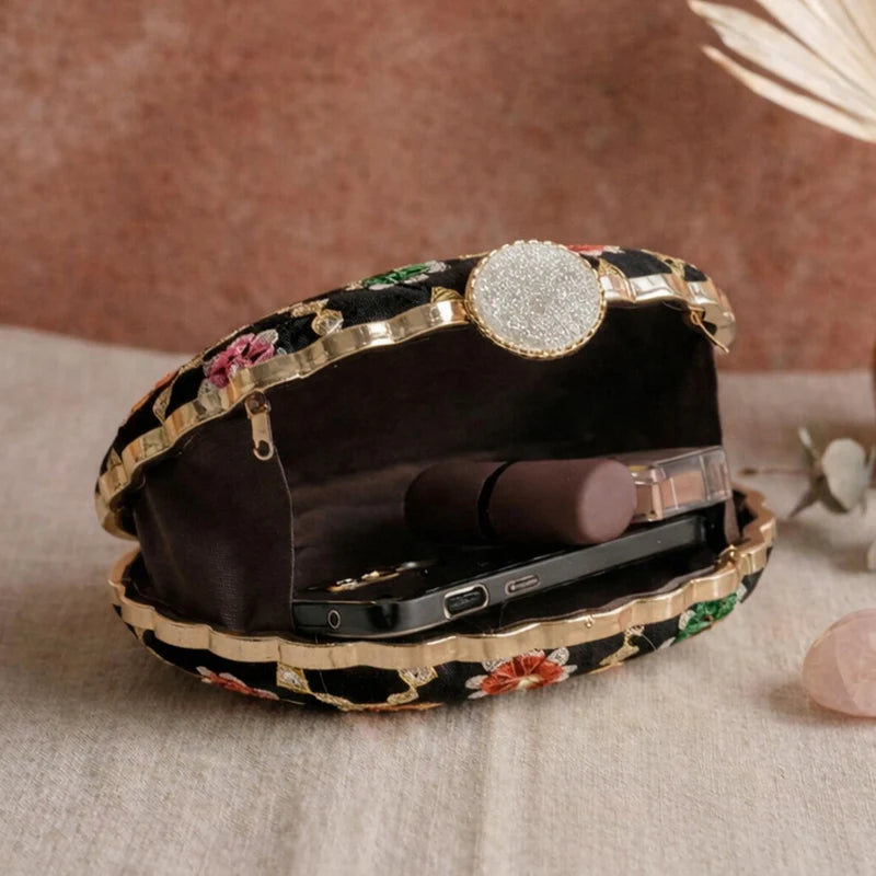 D shape Black Ethnic Embroidered Clutch