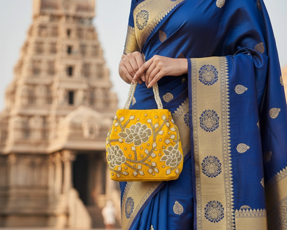 Yellow Velvet Potli Embroidery bag