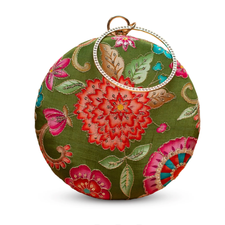 Green Floral Embroidered Round Clutch