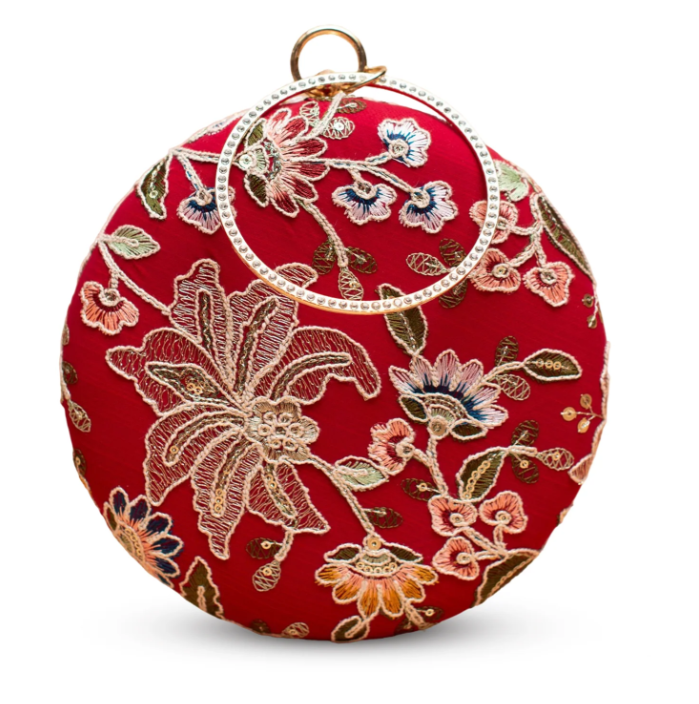Red Floral Embroidered Round Clutch