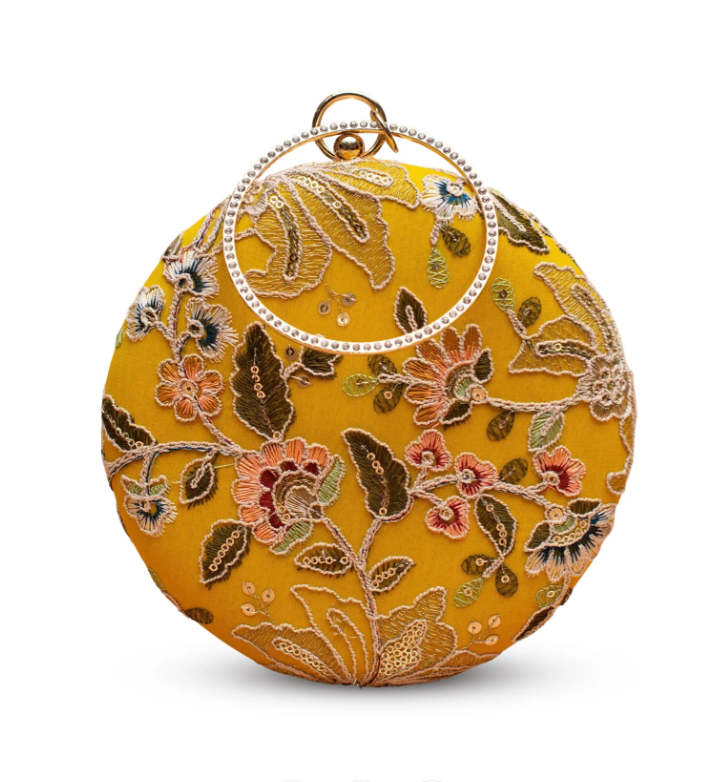 Yellow Floral Embroidered Round Clutch