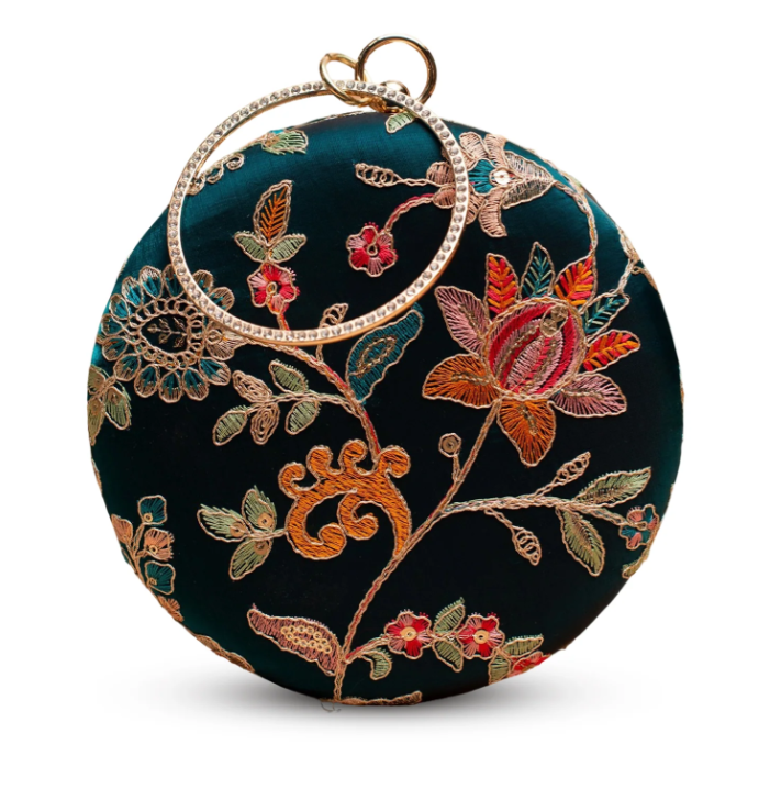 Peacock Blue Floral Embroidered Round Clutch