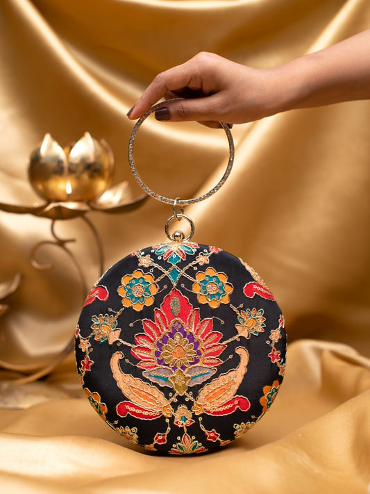 Black Floral Embroidered Round Clutch
