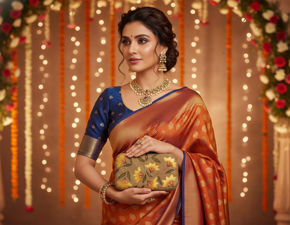 Peach Floral Embellished Clutch