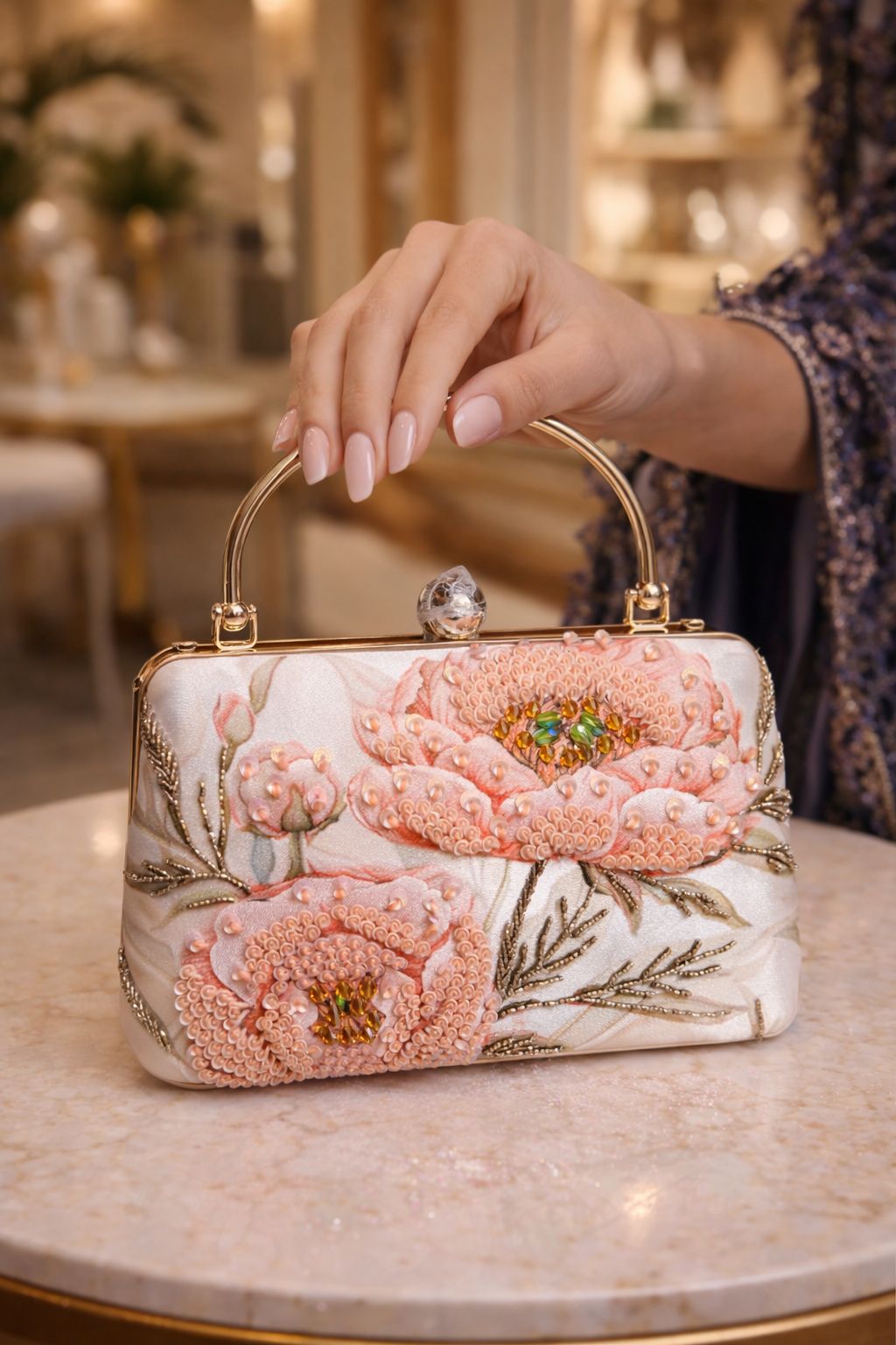 Floral Beads on White Silk