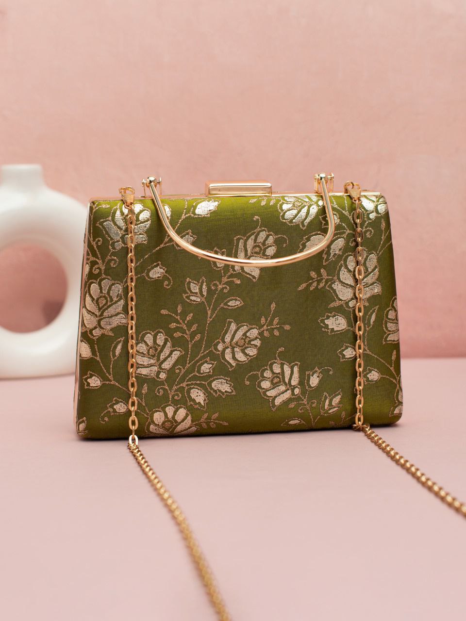 Green Brocade Clutch with Golden Handle & Sling chain
