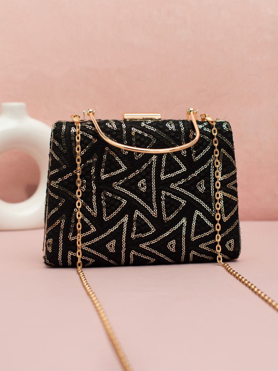 Black 01 Clutch with Golden Handle & Sling chain