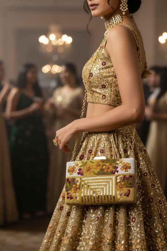 Gold beaded floral Clutch