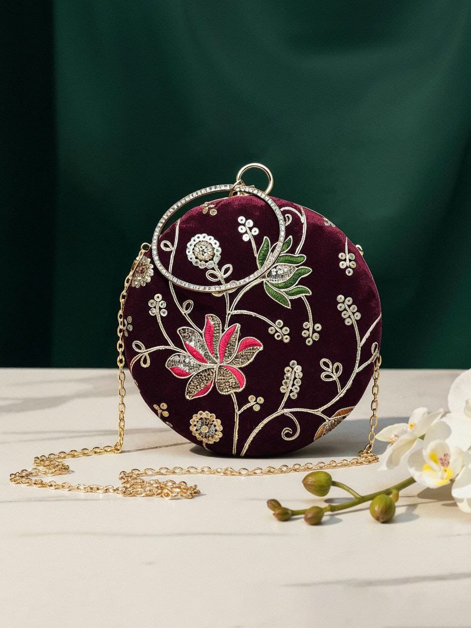 Maroon Floral Embroidered Round Clutch