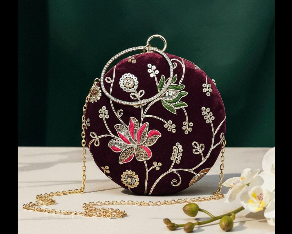 Maroon Floral Embroidered Round Clutch