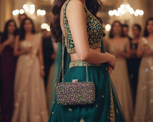 Green Multicolor Crystal Clutch