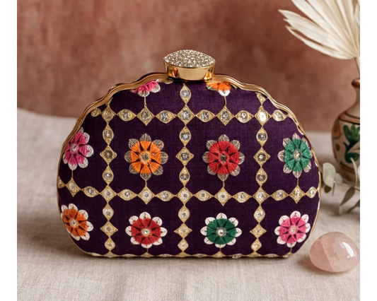 D shape Purple Ethnic Embroidered Clutch