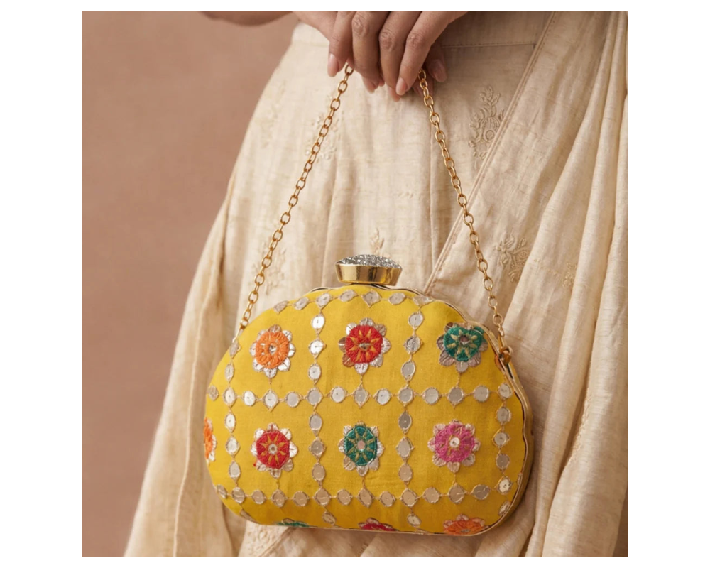 D shape Yellow Ethnic Embroidered Clutch