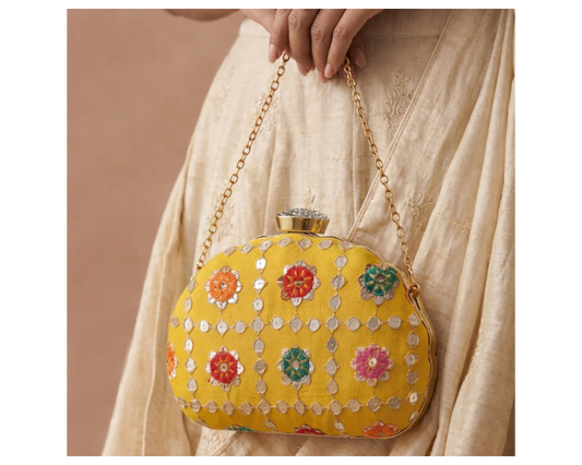 D shape Yellow Ethnic Embroidered Clutch