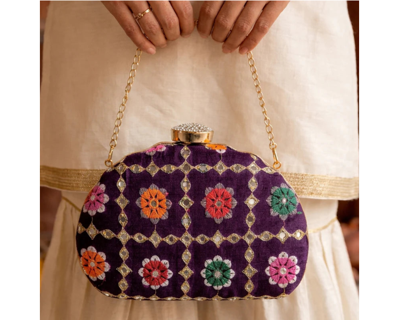 D shape Purple Ethnic Embroidered Clutch