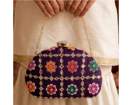 D shape Purple Ethnic Embroidered Clutch