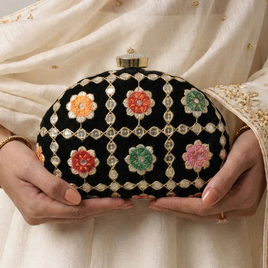 D shape Black Ethnic Embroidered Clutch