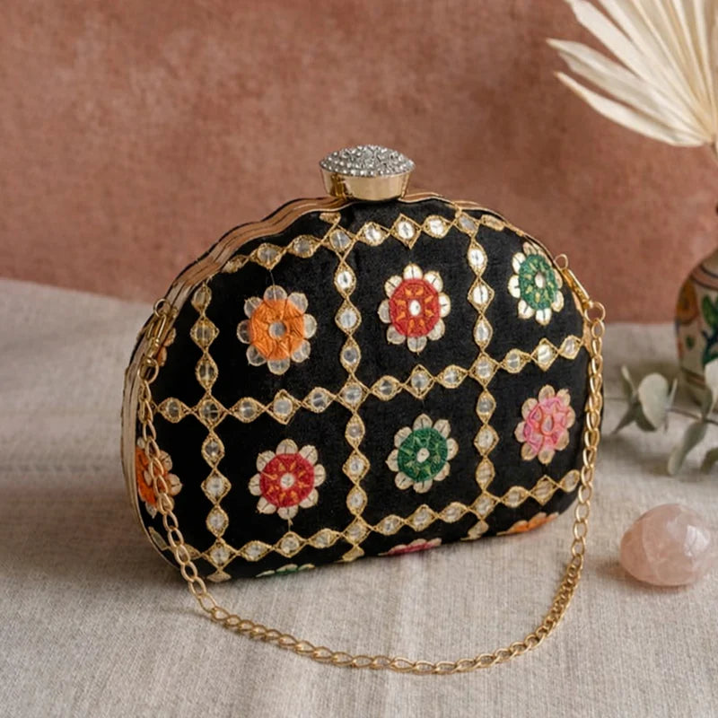 D shape Black Ethnic Embroidered Clutch