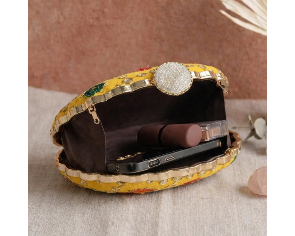 D shape Yellow Ethnic Embroidered Clutch
