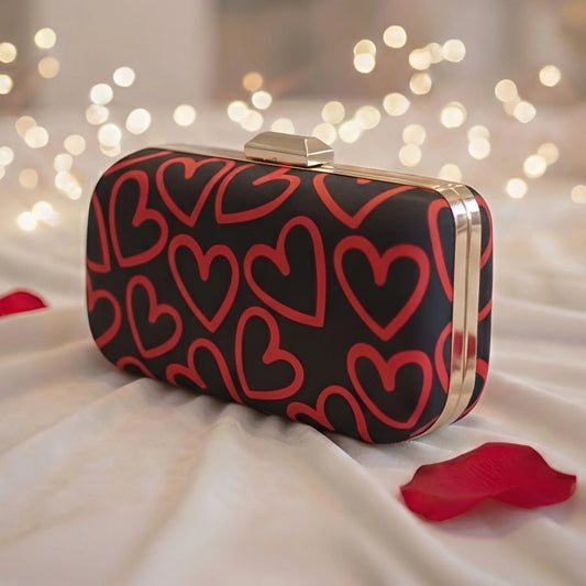 Heart Print Black Printed Clutch