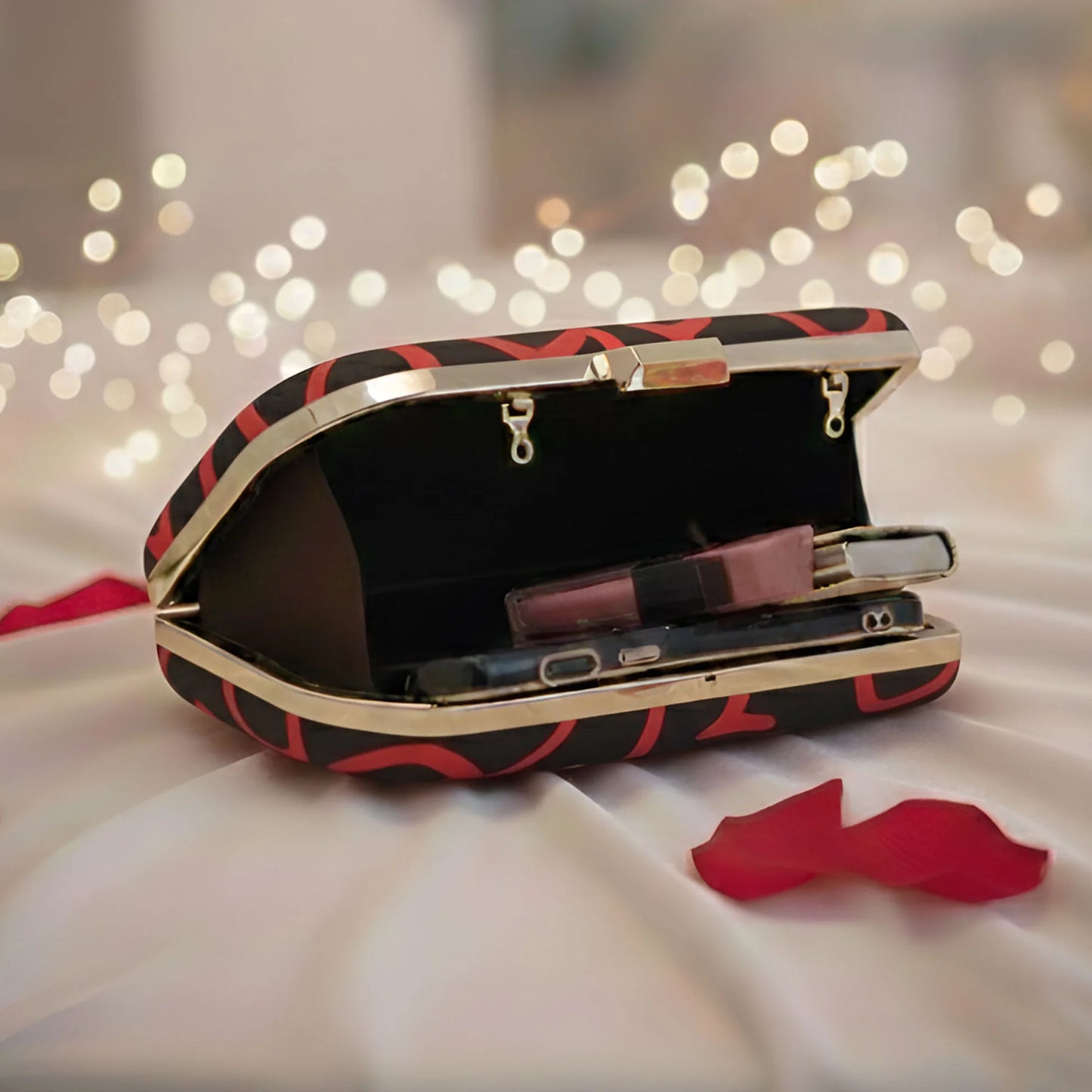 Heart Print Black Printed Clutch