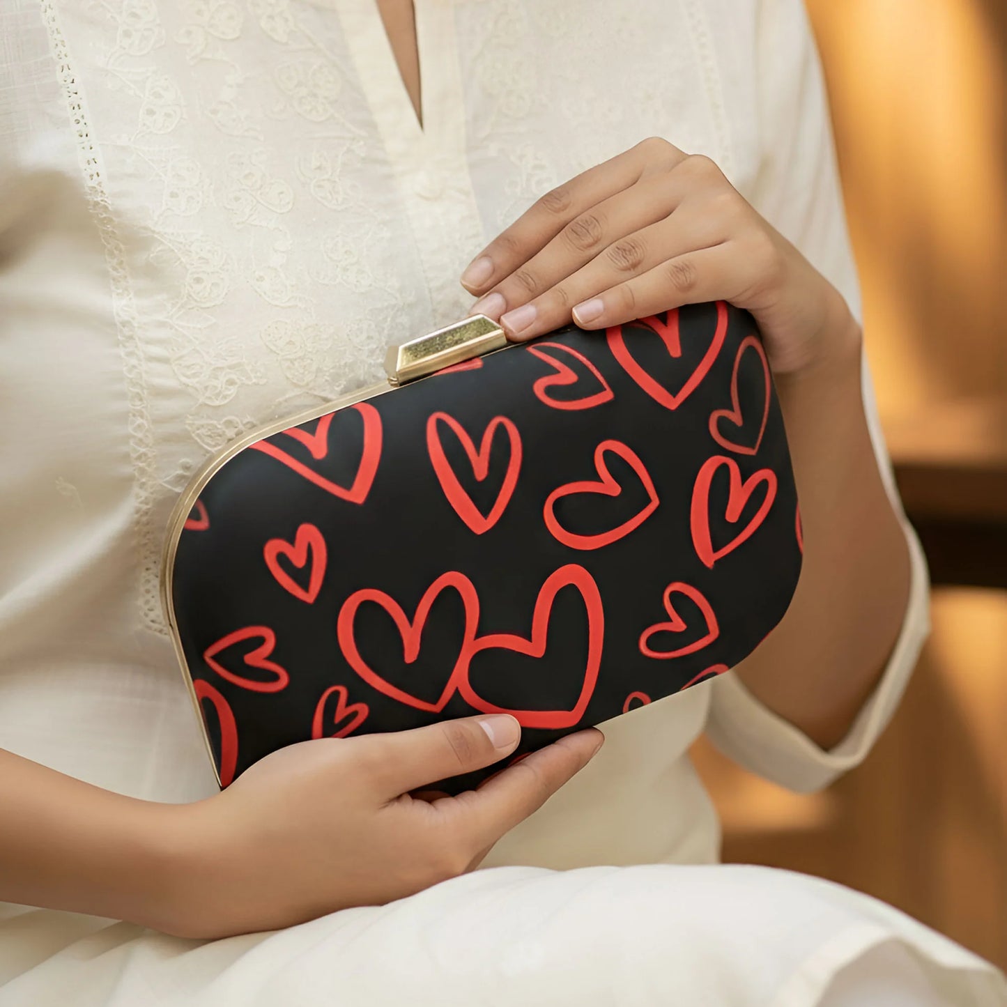 Heart Print Black Printed Clutch