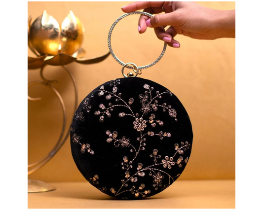Black Round Embroidered Clutch