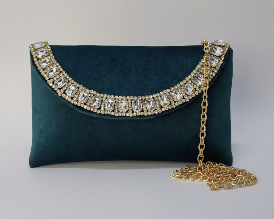 Green Velvet Crystal Flap Bag
