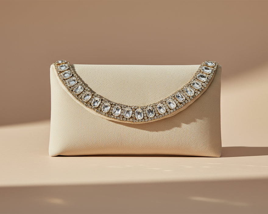 Cream Velvet Crystal Flap Bag