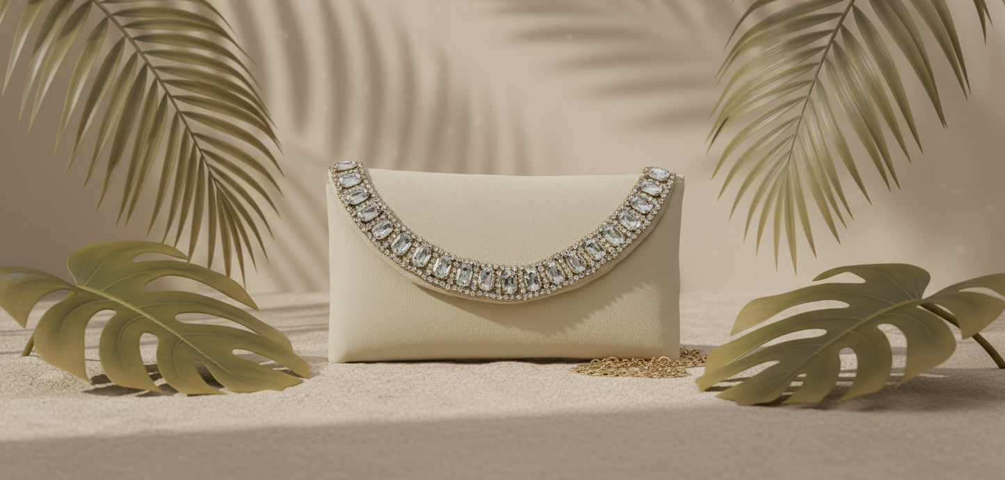 Cream Velvet Crystal Flap Bag