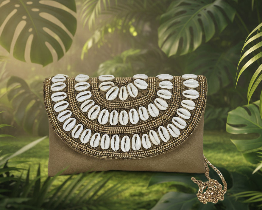 Brown Shell Beaded Flap bag