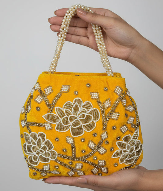 Yellow Velvet Potli Embroidery bag