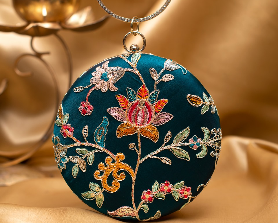 Peacock Blue Floral Embroidered Round Clutch