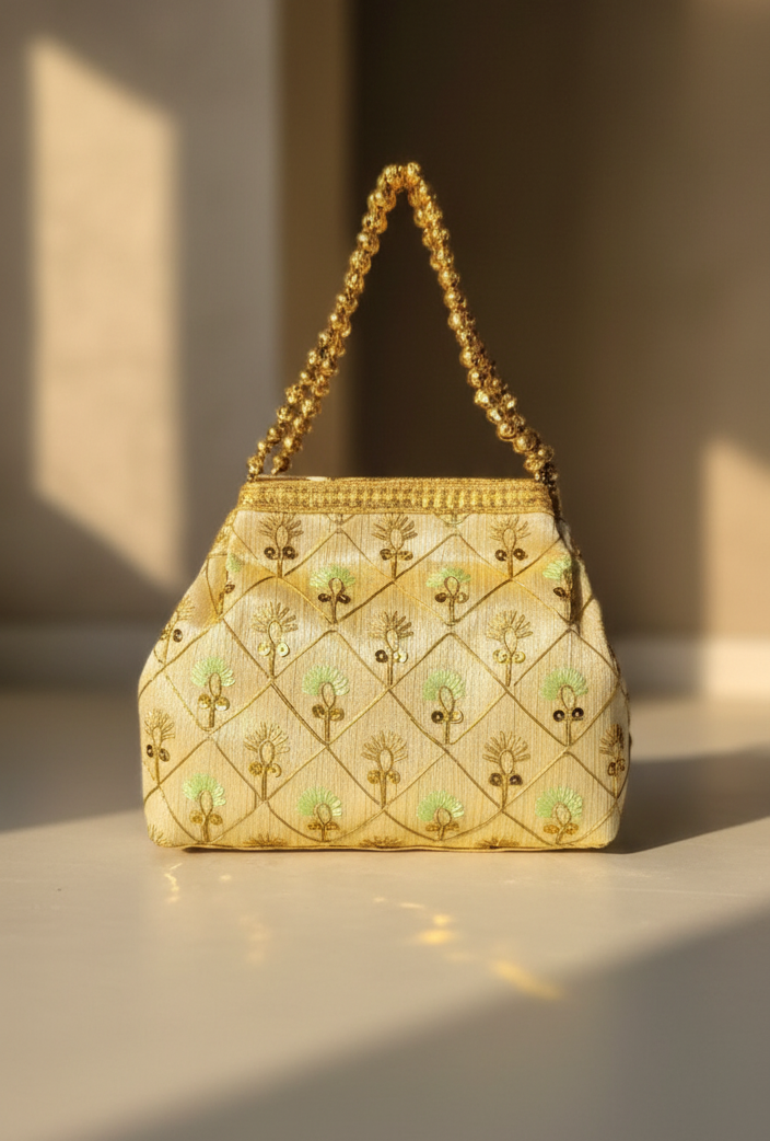 Gold Beaded Green Embroidery Potli