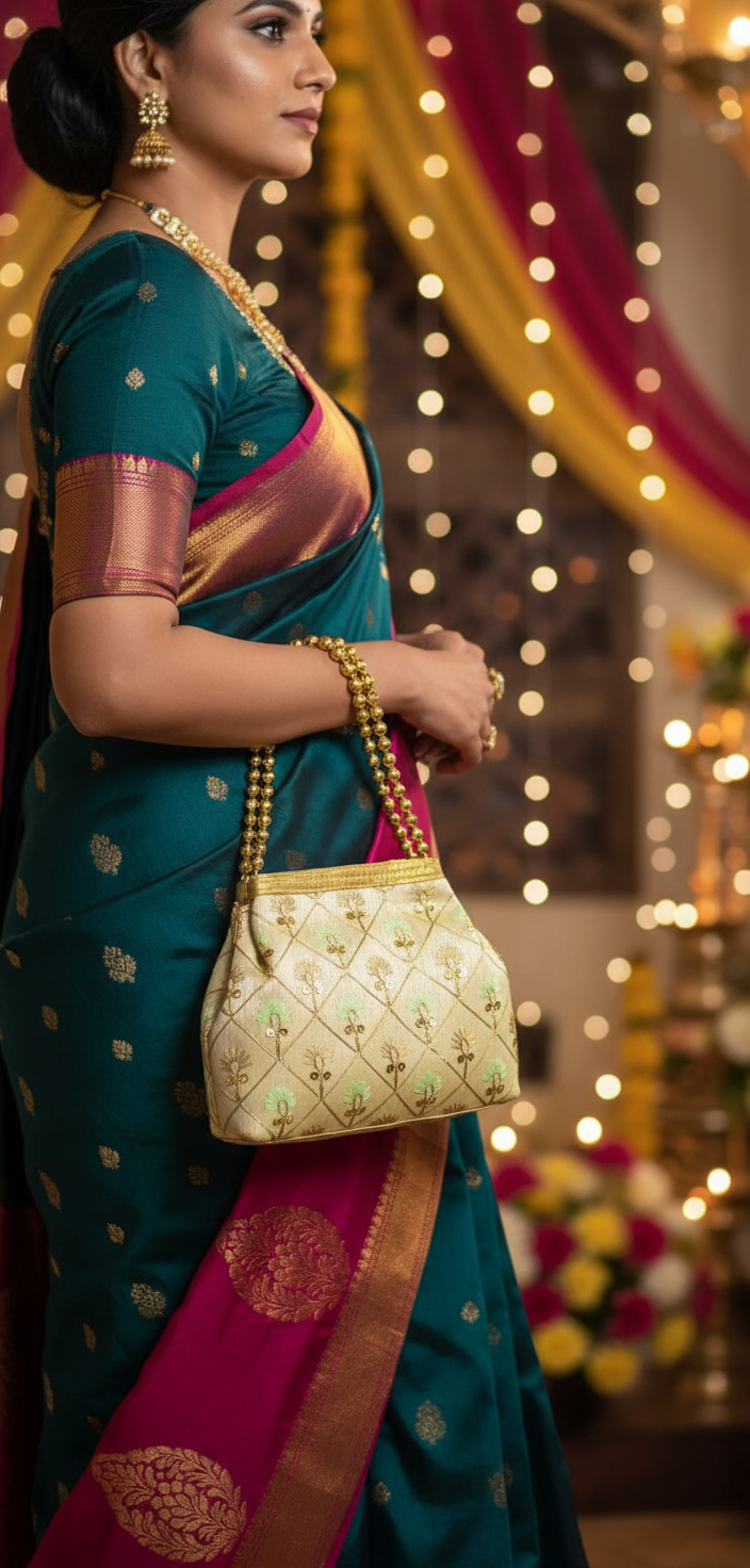 Gold Beaded Green Embroidery Potli