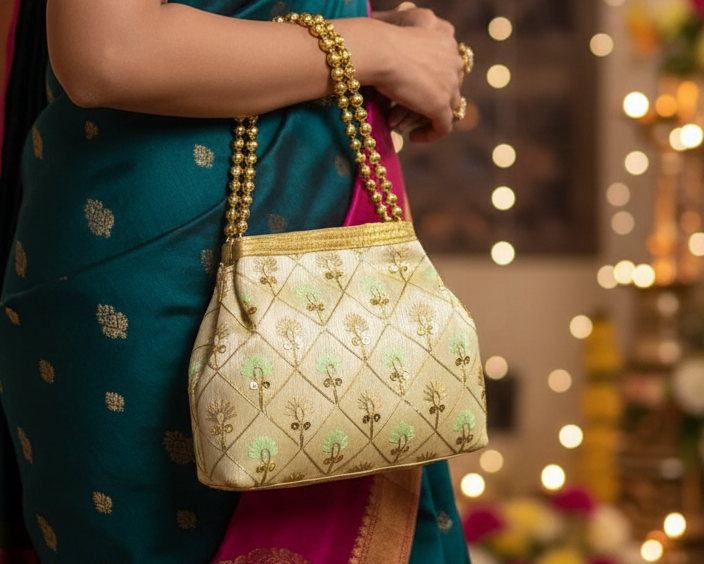 Gold Beaded Green Embroidery Potli