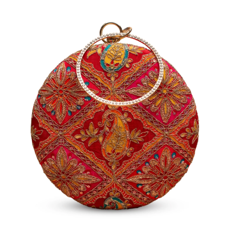 Red Round Embroidered Clutch