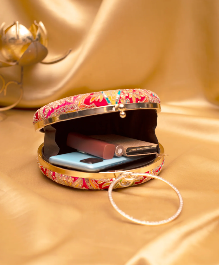 Red Round Embroidered Clutch