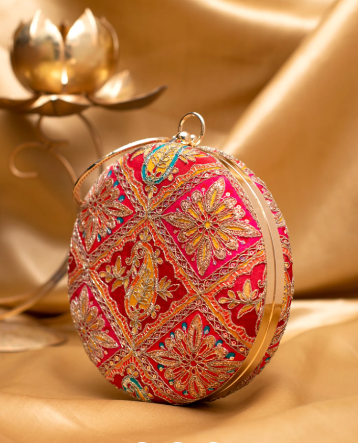 Red Round Embroidered Clutch
