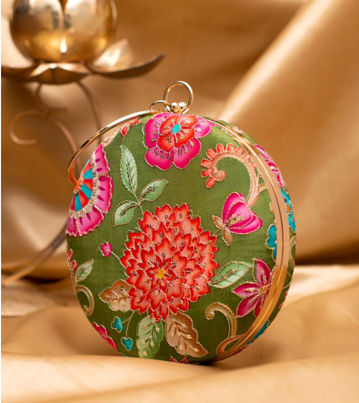 Green Floral Embroidered Round Clutch
