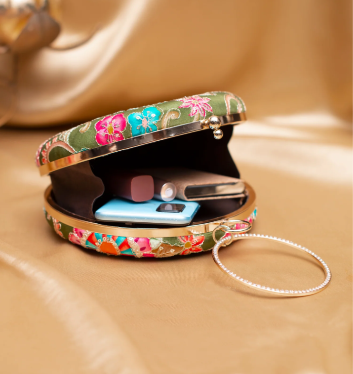 Green Floral Embroidered Round Clutch