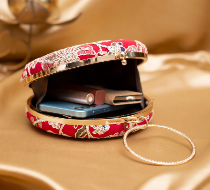 Red Floral Embroidered Round Clutch