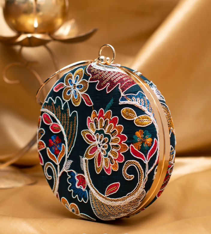 Blue Floral Embroidered Round Clutch