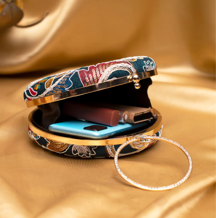 Blue Floral Embroidered Round Clutch