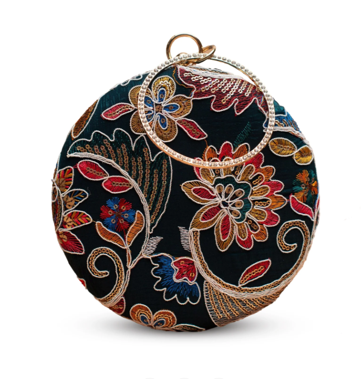 Blue Floral Embroidered Round Clutch