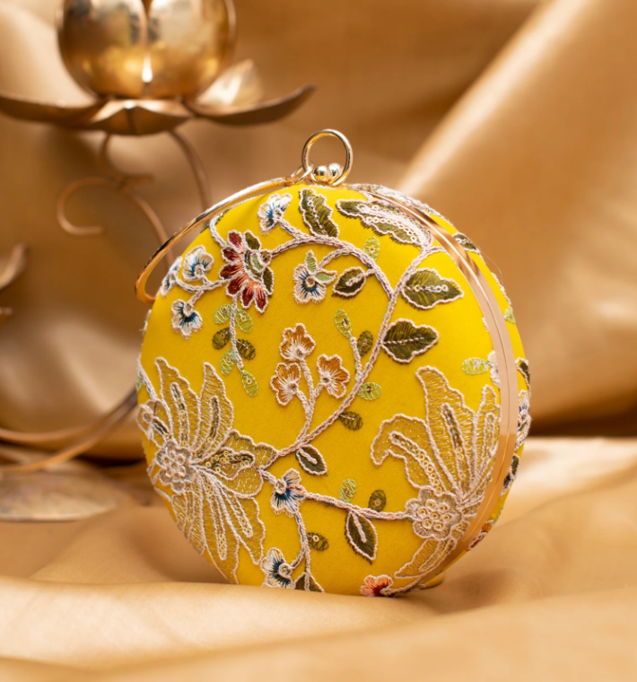 Yellow Floral Embroidered Round Clutch