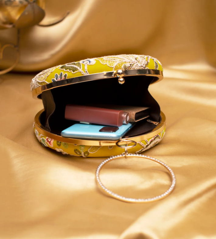 Yellow Floral Embroidered Round Clutch