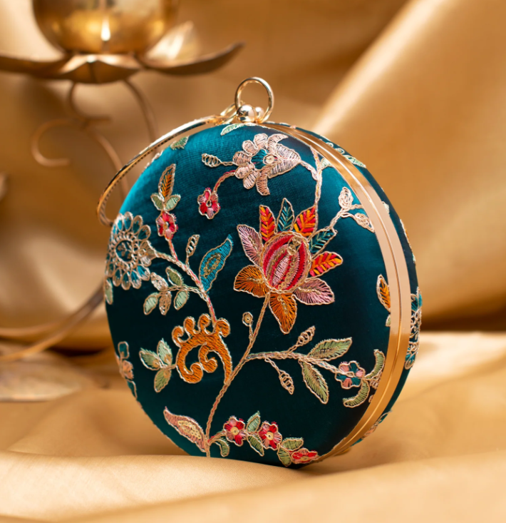 Peacock Blue Floral Embroidered Round Clutch