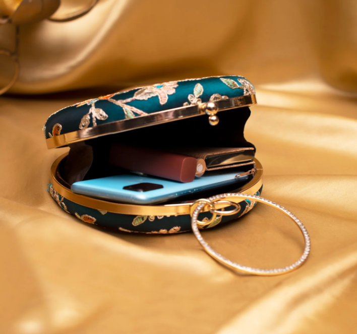 Peacock Blue Floral Embroidered Round Clutch